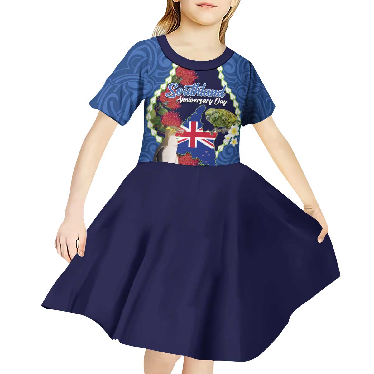 Southland Anniversary Day Kid Short Sleeve Dress Murihiku 1861 Maori Bird Mix Pohutukawa LT14 - Polynesian Pride