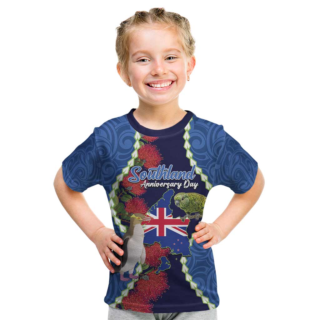 Southland Anniversary Day Kid T Shirt Murihiku 1861 Maori Bird Mix Pohutukawa LT14 Blue - Polynesian Pride