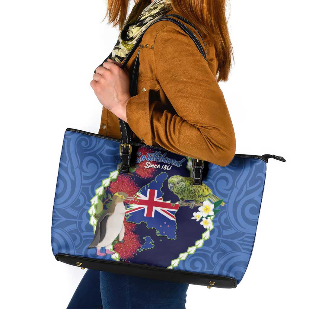 Southland Anniversary Day Leather Tote Bag Murihiku 1861 Maori Bird Mix Pohutukawa LT14 Blue - Polynesian Pride
