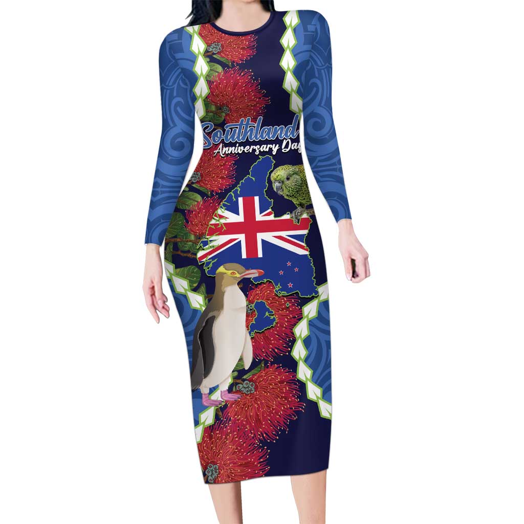 Southland Anniversary Day Long Sleeve Bodycon Dress Murihiku 1861 Maori Bird Mix Pohutukawa LT14 Long Dress Blue - Polynesian Pride