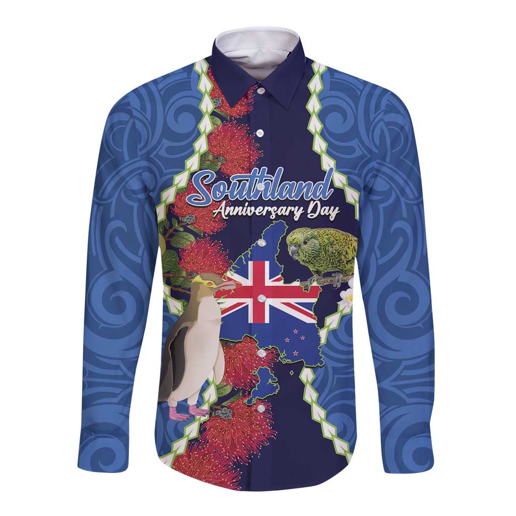 Southland Anniversary Day Long Sleeve Button Shirt Murihiku 1861 Maori Bird Mix Pohutukawa LT14 Unisex Blue - Polynesian Pride