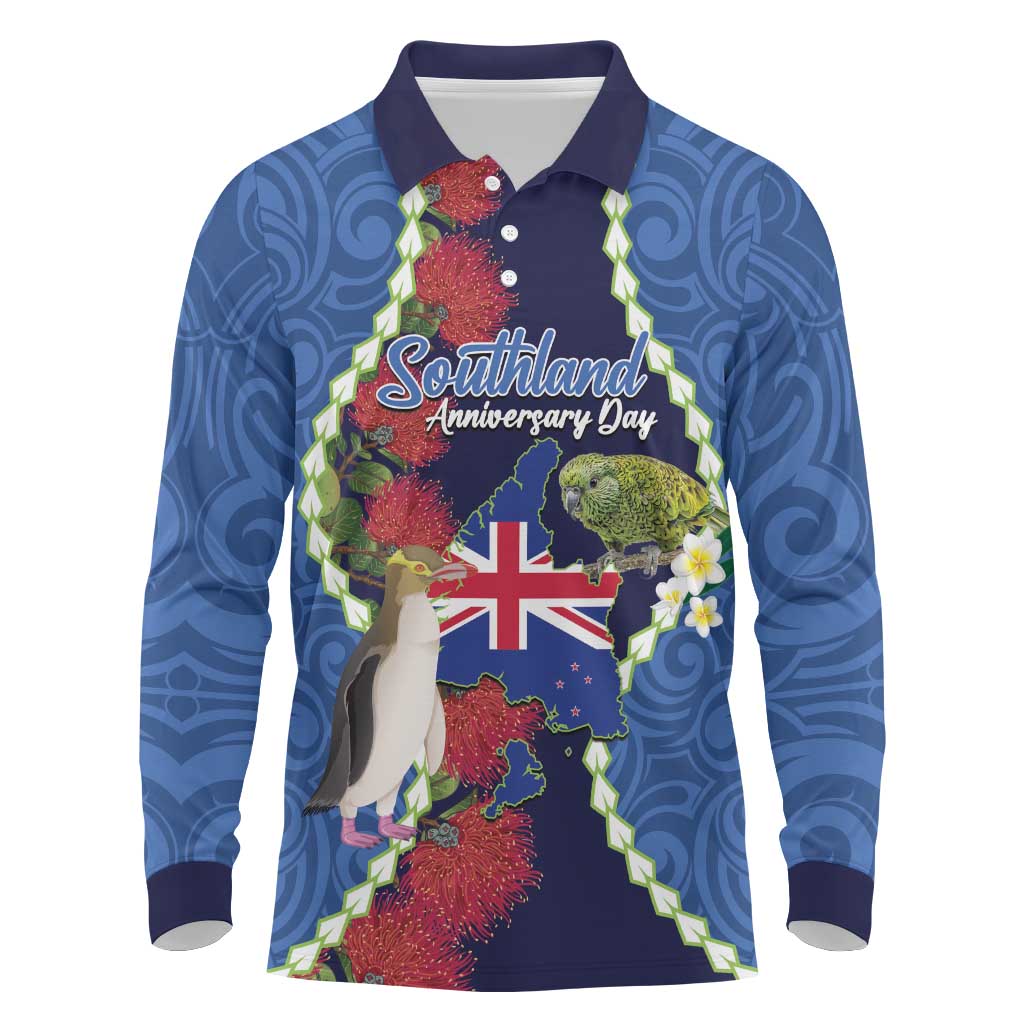 Southland Anniversary Day Long Sleeve Polo Shirt Murihiku 1861 Maori Bird Mix Pohutukawa LT14 Blue - Polynesian Pride