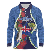 Southland Anniversary Day Long Sleeve Polo Shirt Murihiku 1861 Maori Bird Mix Pohutukawa LT14 Blue - Polynesian Pride