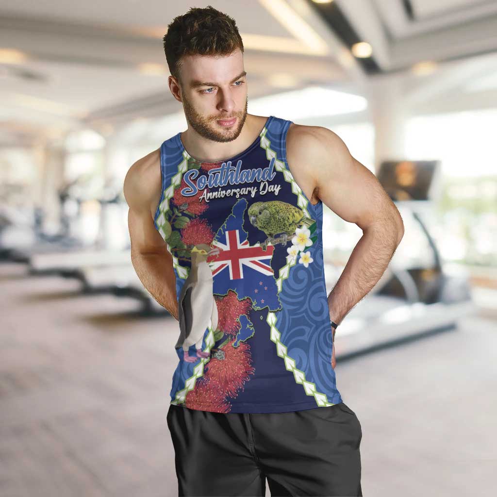 Southland Anniversary Day Men Tank Top Murihiku 1861 Maori Bird Mix Pohutukawa LT14 Blue - Polynesian Pride