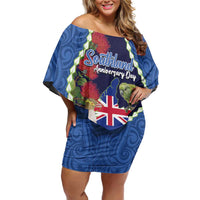 Southland Anniversary Day Off Shoulder Short Dress Murihiku 1861 Maori Bird Mix Pohutukawa LT14 Women Blue - Polynesian Pride