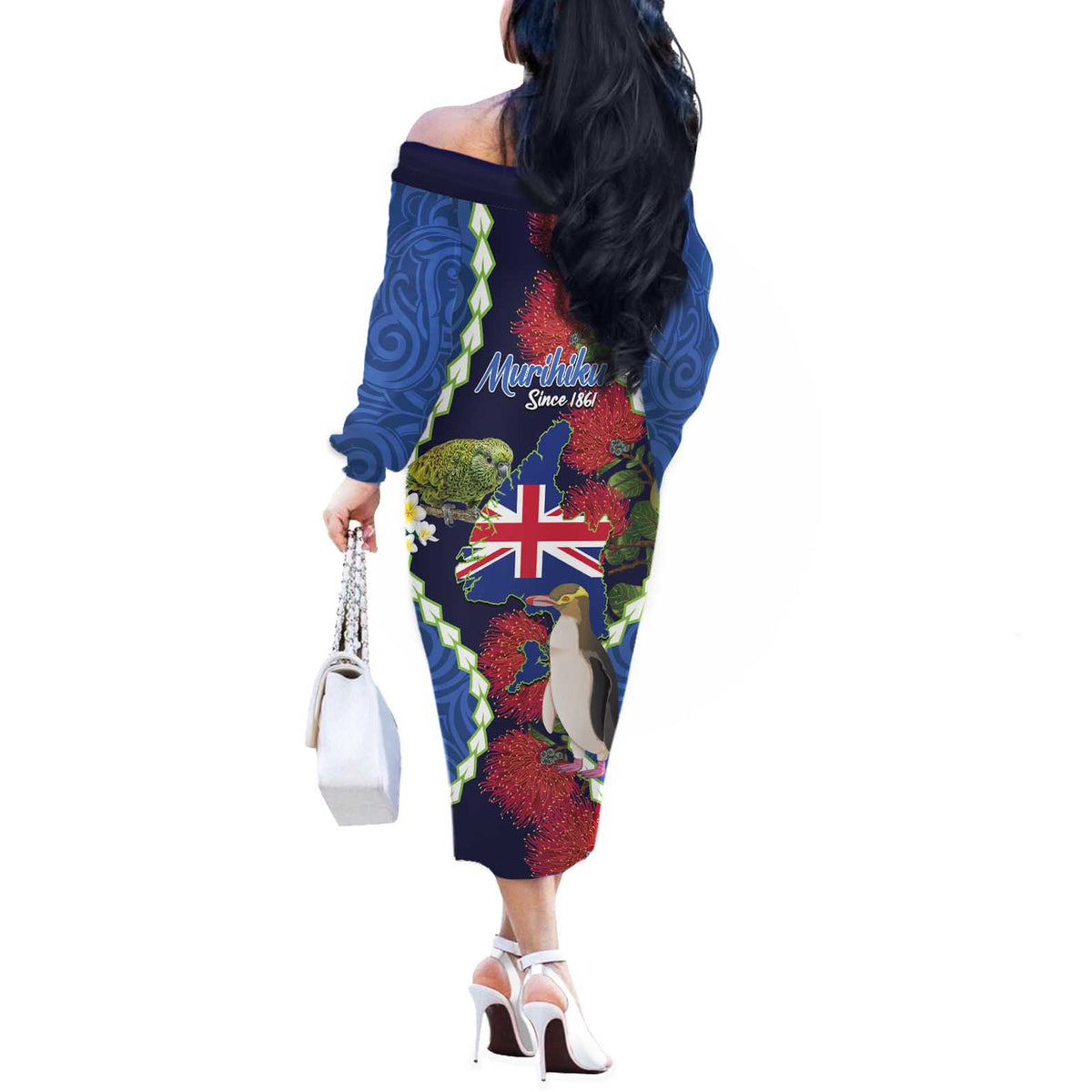 Southland Anniversary Day Off The Shoulder Long Sleeve Dress Murihiku 1861 Maori Bird Mix Pohutukawa LT14 - Polynesian Pride