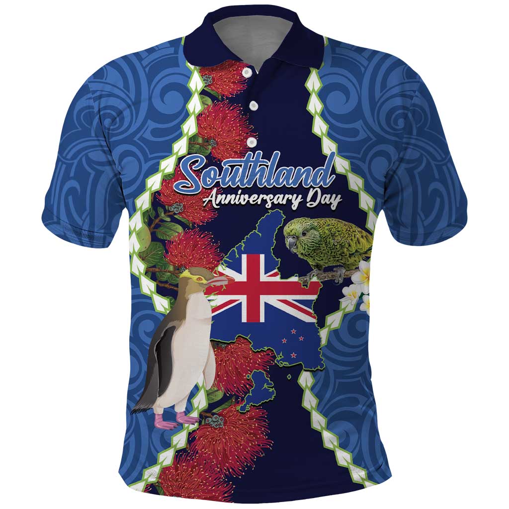 Southland Anniversary Day Polo Shirt Murihiku 1861 Maori Bird Mix Pohutukawa LT14 Blue - Polynesian Pride