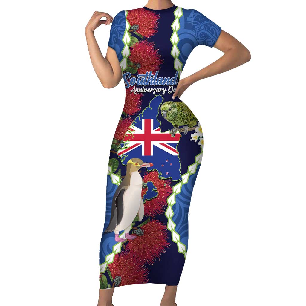 Southland Anniversary Day Short Sleeve Bodycon Dress Murihiku 1861 Maori Bird Mix Pohutukawa LT14 Long Dress Blue - Polynesian Pride