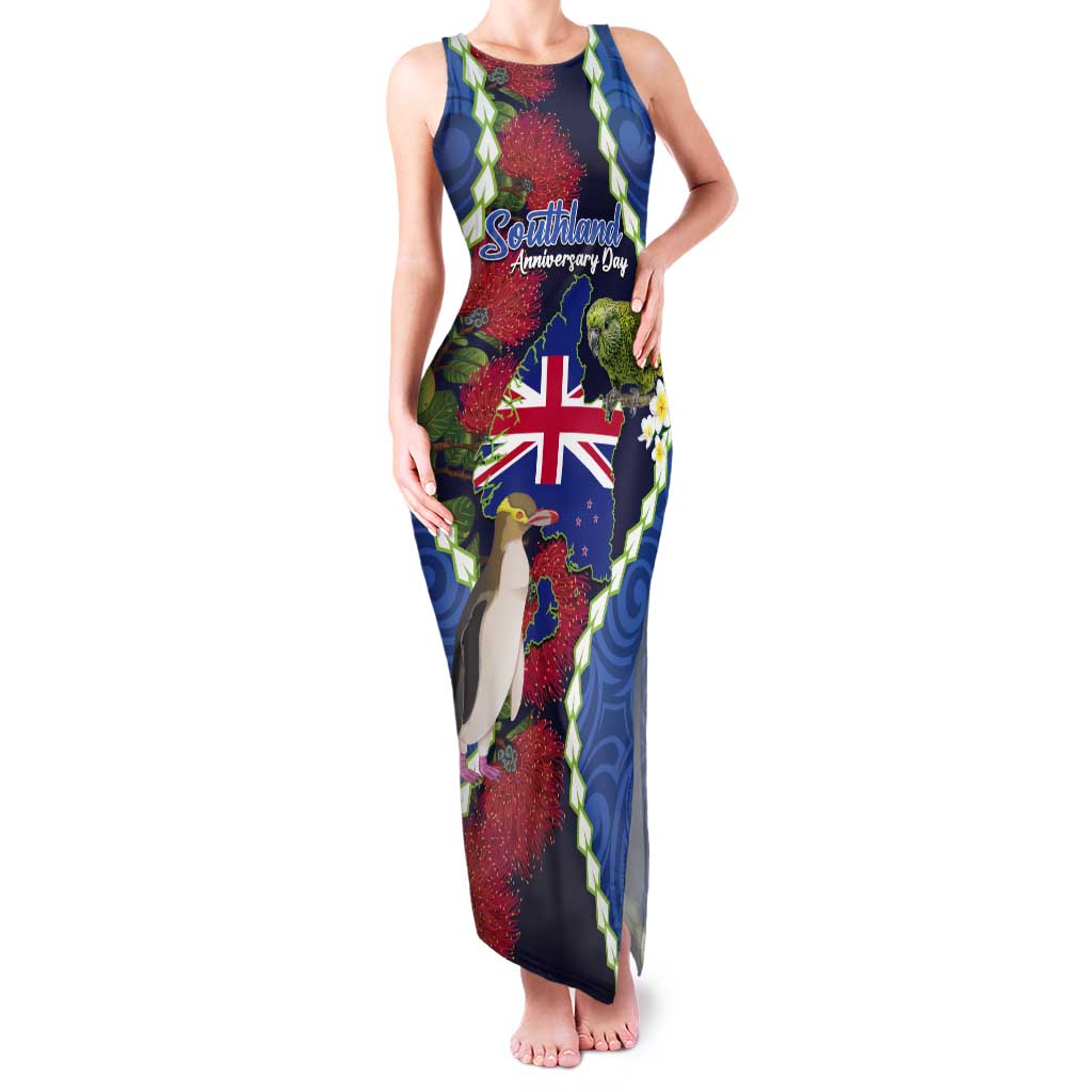 Southland Anniversary Day Tank Maxi Dress Murihiku 1861 Maori Bird Mix Pohutukawa LT14 Women Blue - Polynesian Pride