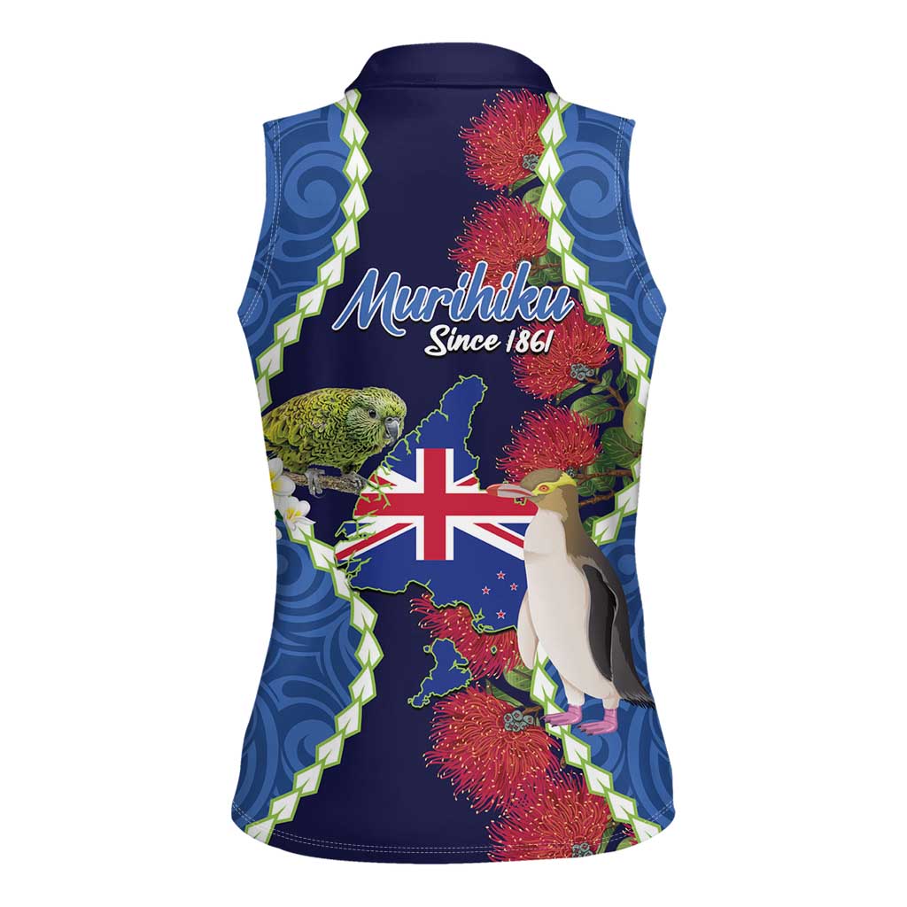 Southland Anniversary Day Women Sleeveless Polo Shirt Murihiku 1861 Maori Bird Mix Pohutukawa LT14 - Polynesian Pride