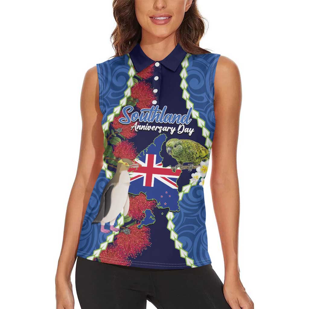 Southland Anniversary Day Women Sleeveless Polo Shirt Murihiku 1861 Maori Bird Mix Pohutukawa LT14 - Polynesian Pride