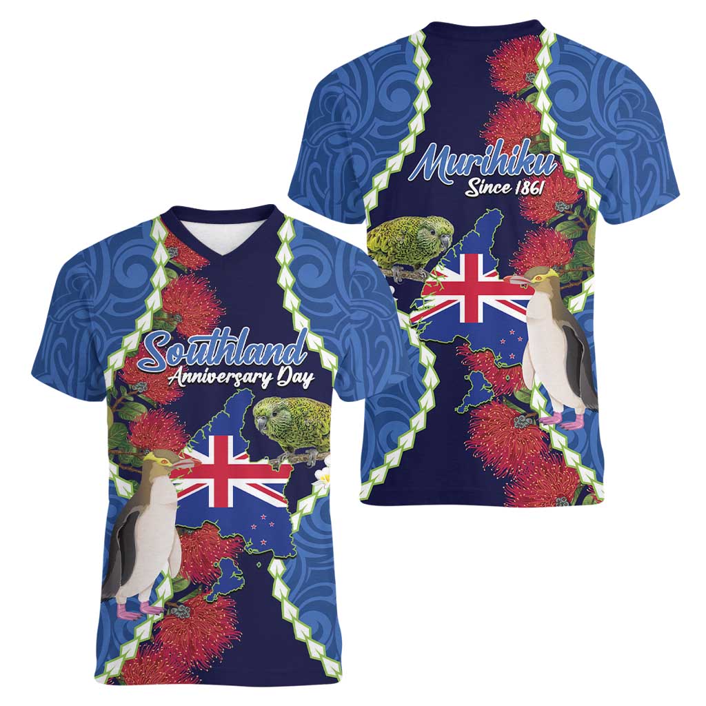 Southland Anniversary Day Women V-Neck T-Shirt Murihiku 1861 Maori Bird Mix Pohutukawa LT14 - Polynesian Pride