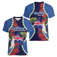 Southland Anniversary Day Women V-Neck T-Shirt Murihiku 1861 Maori Bird Mix Pohutukawa LT14 - Polynesian Pride