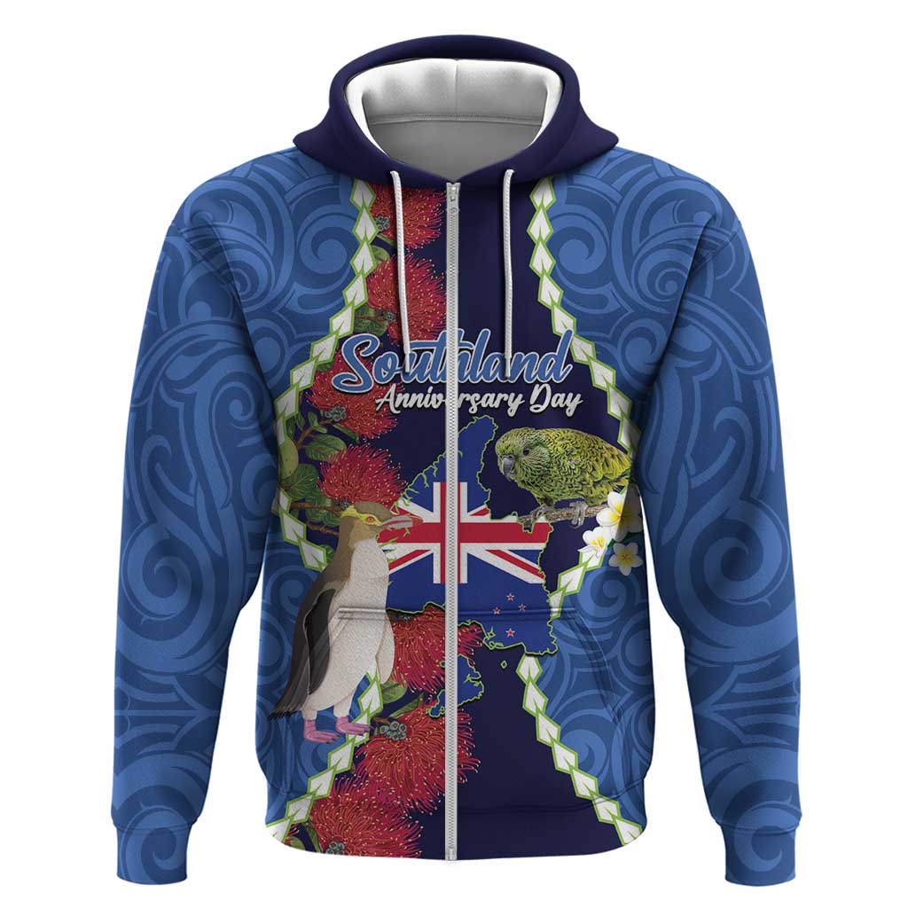 Southland Anniversary Day Zip Hoodie Murihiku 1861 Maori Bird Mix Pohutukawa LT14 Zip Hoodie Blue - Polynesian Pride