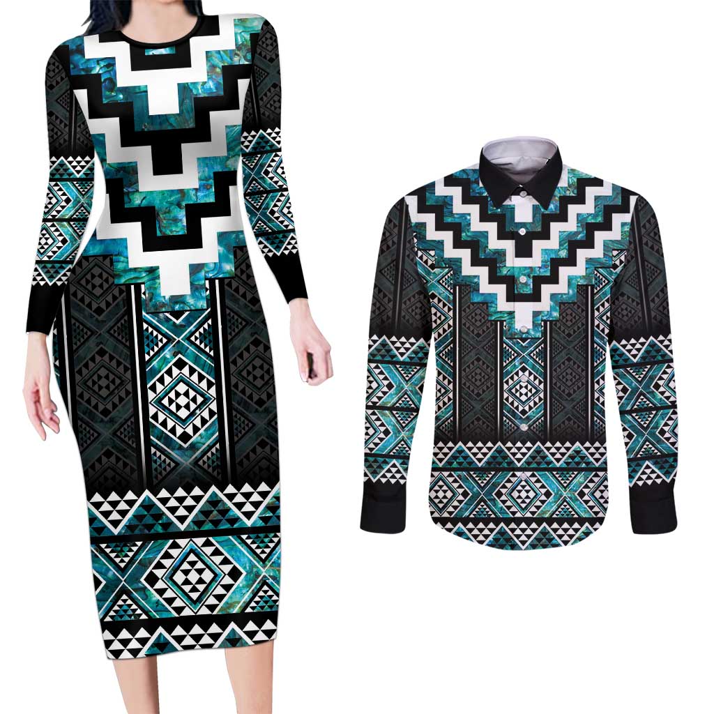 Paua Shell Taniko Pattern Aotearoa Couples Matching Long Sleeve Bodycon Dress and Long Sleeve Button Shirt Niho Taniwha Mix Poutama LT14 Turquoise - Polynesian Pride
