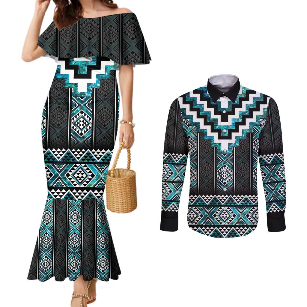 Paua Shell Taniko Pattern Aotearoa Couples Matching Mermaid Dress and Long Sleeve Button Shirt Niho Taniwha Mix Poutama LT14 Turquoise - Polynesian Pride