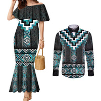Paua Shell Taniko Pattern Aotearoa Couples Matching Mermaid Dress and Long Sleeve Button Shirt Niho Taniwha Mix Poutama