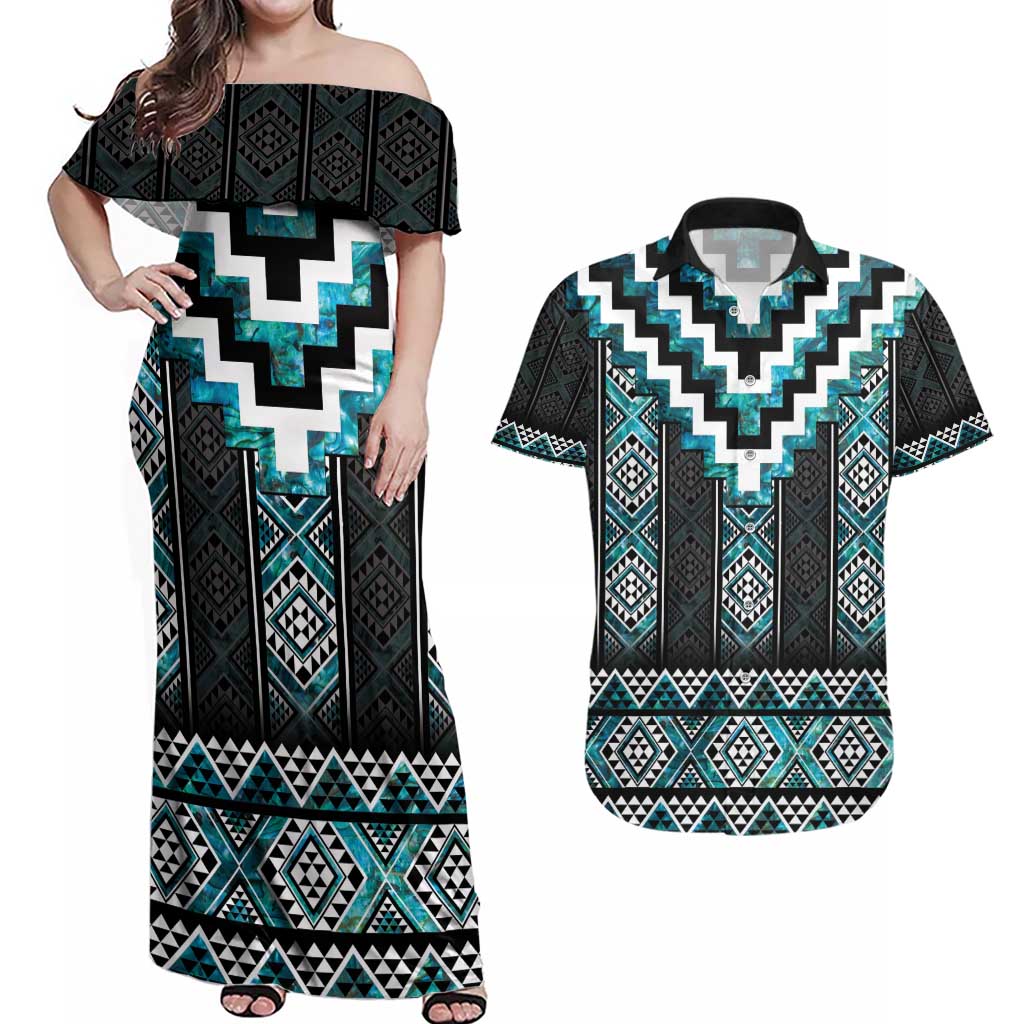 Paua Shell Taniko Pattern Aotearoa Couples Matching Off Shoulder Maxi Dress and Hawaiian Shirt Niho Taniwha Mix Poutama LT14 Turquoise - Polynesian Pride