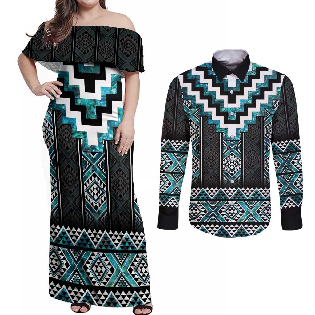 Paua Shell Taniko Pattern Aotearoa Couples Matching Off Shoulder Maxi Dress and Long Sleeve Button Shirt Niho Taniwha Mix Poutama LT14 Turquoise - Polynesian Pride