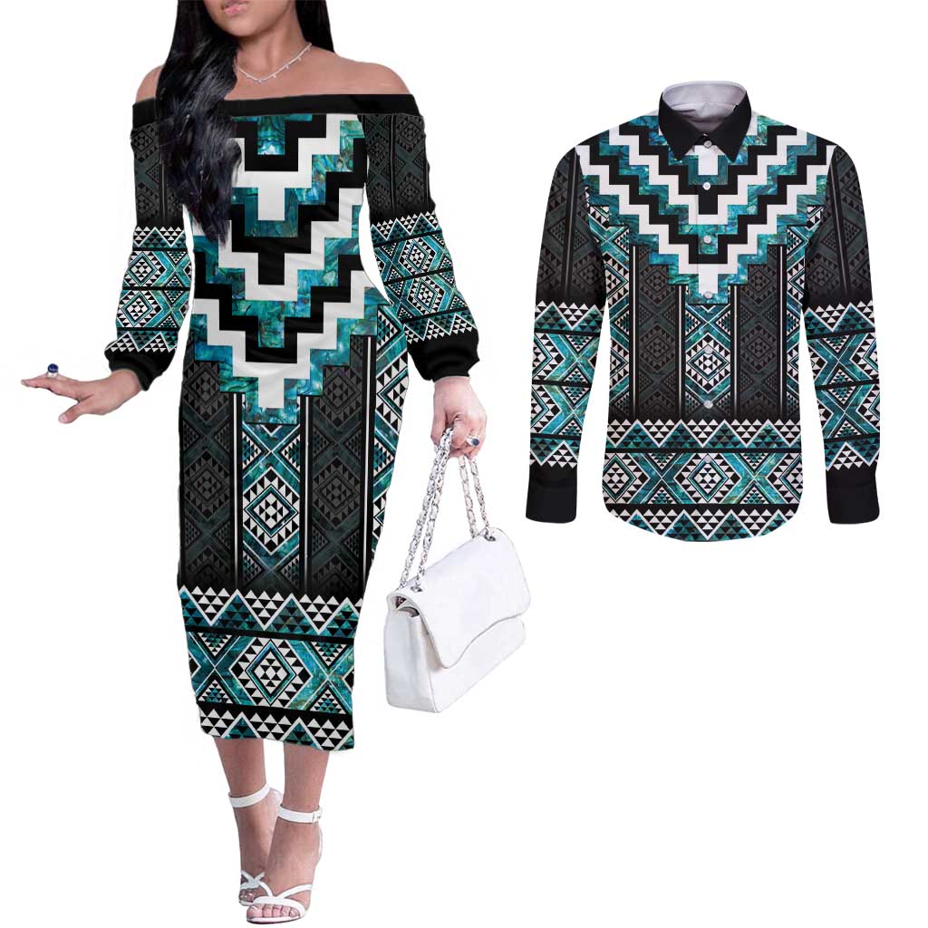 Paua Shell Taniko Pattern Aotearoa Couples Matching Off The Shoulder Long Sleeve Dress and Long Sleeve Button Shirt Niho Taniwha Mix Poutama LT14 Turquoise - Polynesian Pride