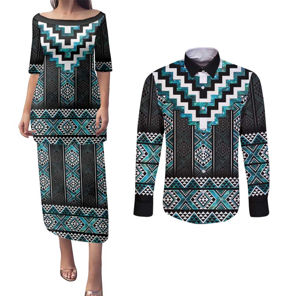 Paua Shell Taniko Pattern Aotearoa Couples Matching Puletasi and Long Sleeve Button Shirt Niho Taniwha Mix Poutama LT14 Turquoise - Polynesian Pride