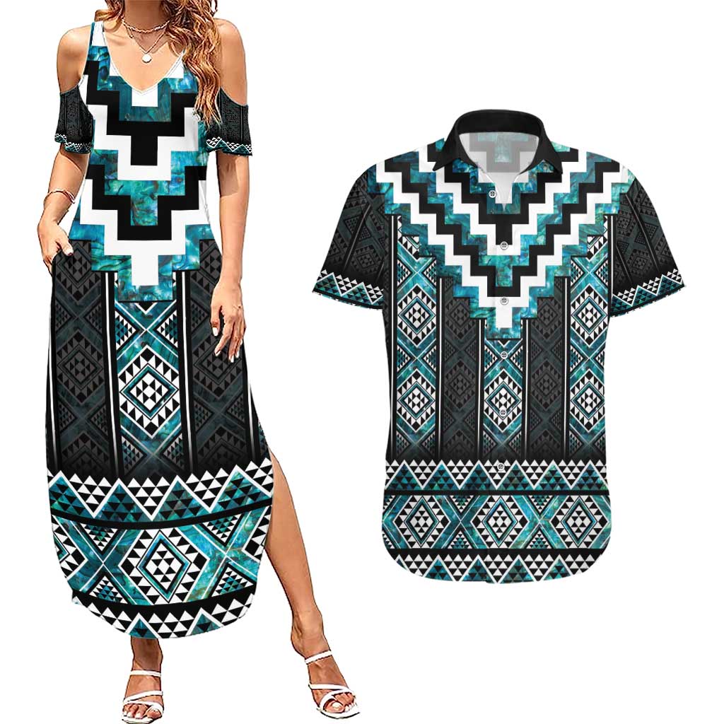 Paua Shell Taniko Pattern Aotearoa Couples Matching Summer Maxi Dress and Hawaiian Shirt Niho Taniwha Mix Poutama LT14 Turquoise - Polynesian Pride