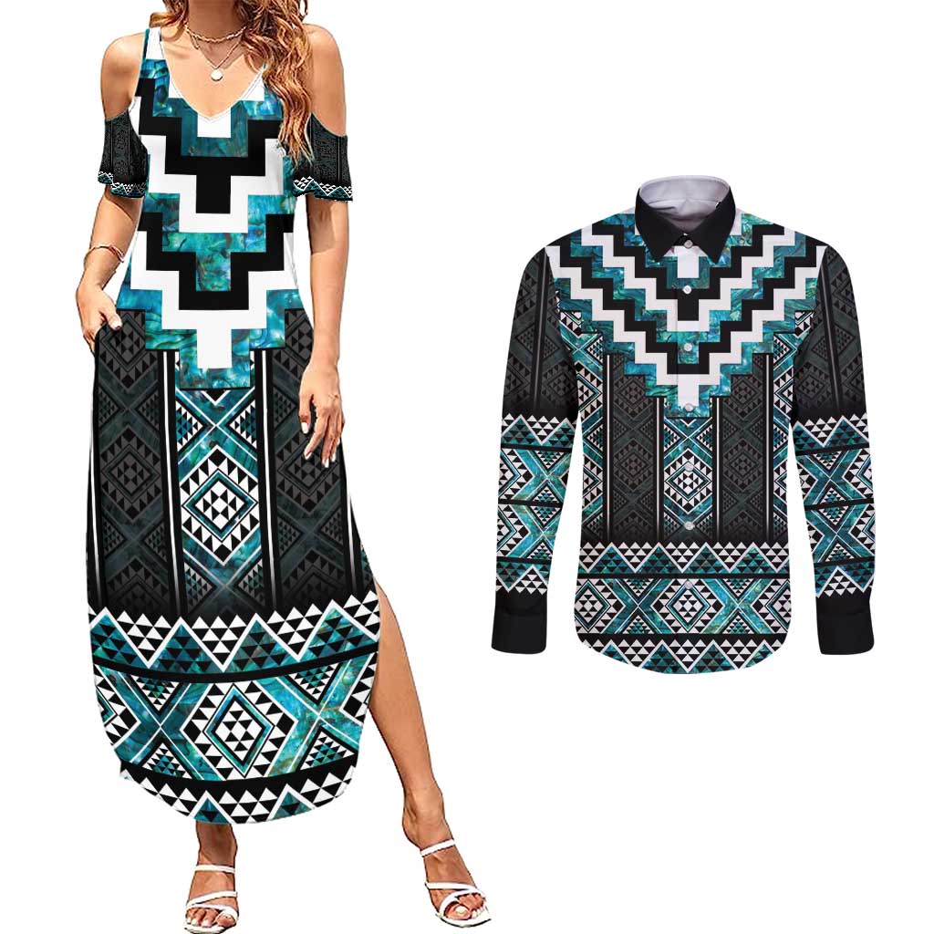 Paua Shell Taniko Pattern Aotearoa Couples Matching Summer Maxi Dress and Long Sleeve Button Shirt Niho Taniwha Mix Poutama LT14 Turquoise - Polynesian Pride