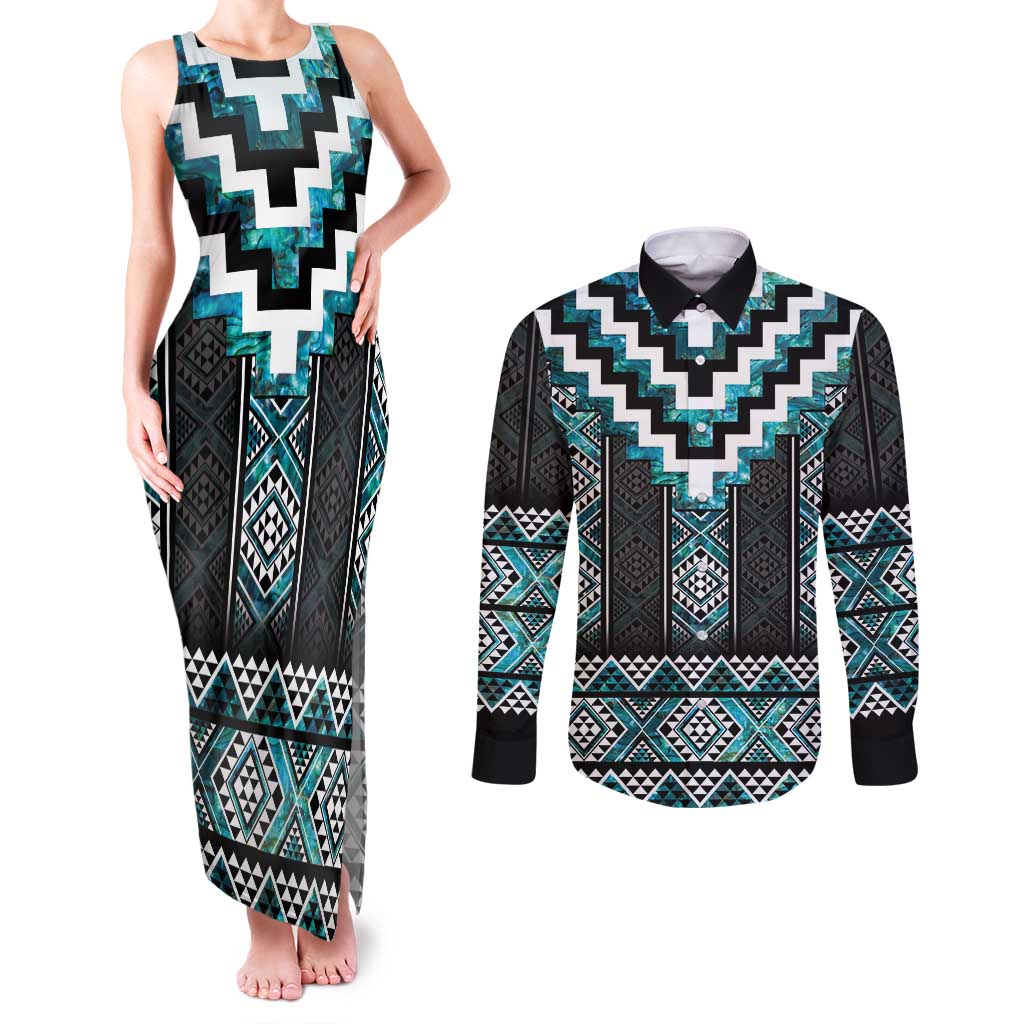 Paua Shell Taniko Pattern Aotearoa Couples Matching Tank Maxi Dress and Long Sleeve Button Shirt Niho Taniwha Mix Poutama LT14 Turquoise - Polynesian Pride