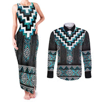 Paua Shell Taniko Pattern Aotearoa Couples Matching Tank Maxi Dress and Long Sleeve Button Shirt Niho Taniwha Mix Poutama LT14 Turquoise - Polynesian Pride