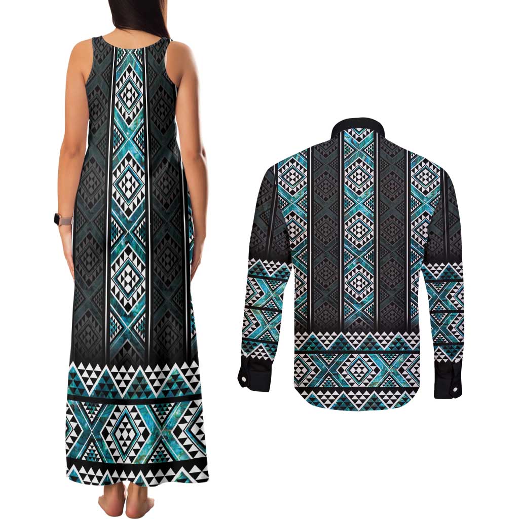 Paua Shell Taniko Pattern Aotearoa Couples Matching Tank Maxi Dress and Long Sleeve Button Shirt Niho Taniwha Mix Poutama LT14 - Polynesian Pride
