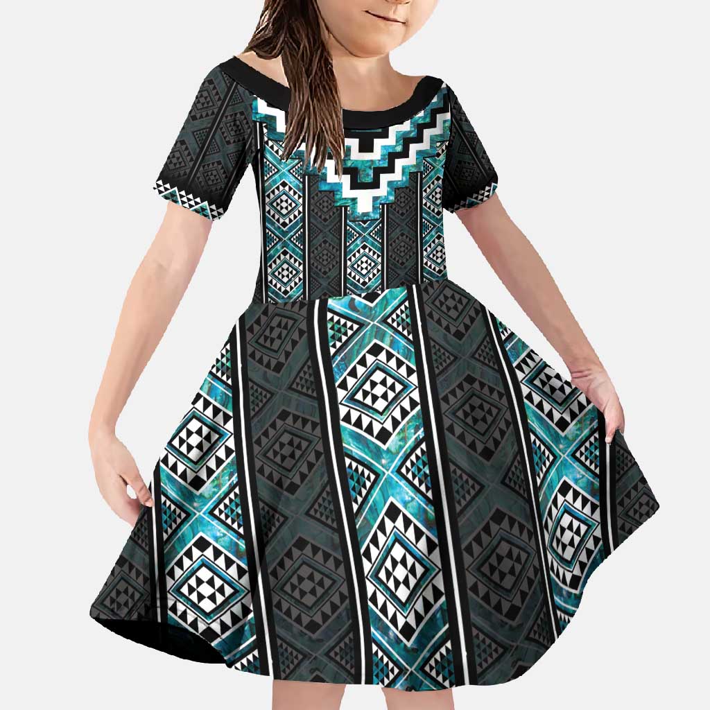Paua Shell Taniko Pattern Aotearoa Family Matching Long Sleeve Bodycon Dress and Hawaiian Shirt Niho Taniwha Mix Poutama LT14 Daughter's Dress Turquoise - Polynesian Pride
