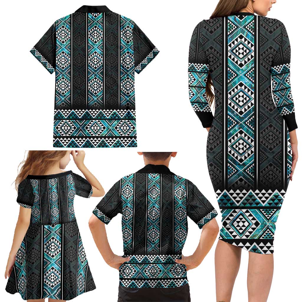 Paua Shell Taniko Pattern Aotearoa Family Matching Long Sleeve Bodycon Dress and Hawaiian Shirt Niho Taniwha Mix Poutama LT14 - Polynesian Pride