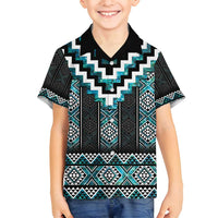 Paua Shell Taniko Pattern Aotearoa Family Matching Long Sleeve Bodycon Dress and Hawaiian Shirt Niho Taniwha Mix Poutama LT14 Son's Shirt Turquoise - Polynesian Pride