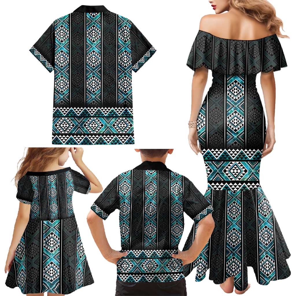 Paua Shell Taniko Pattern Aotearoa Family Matching Mermaid Dress and Hawaiian Shirt Niho Taniwha Mix Poutama LT14 - Polynesian Pride