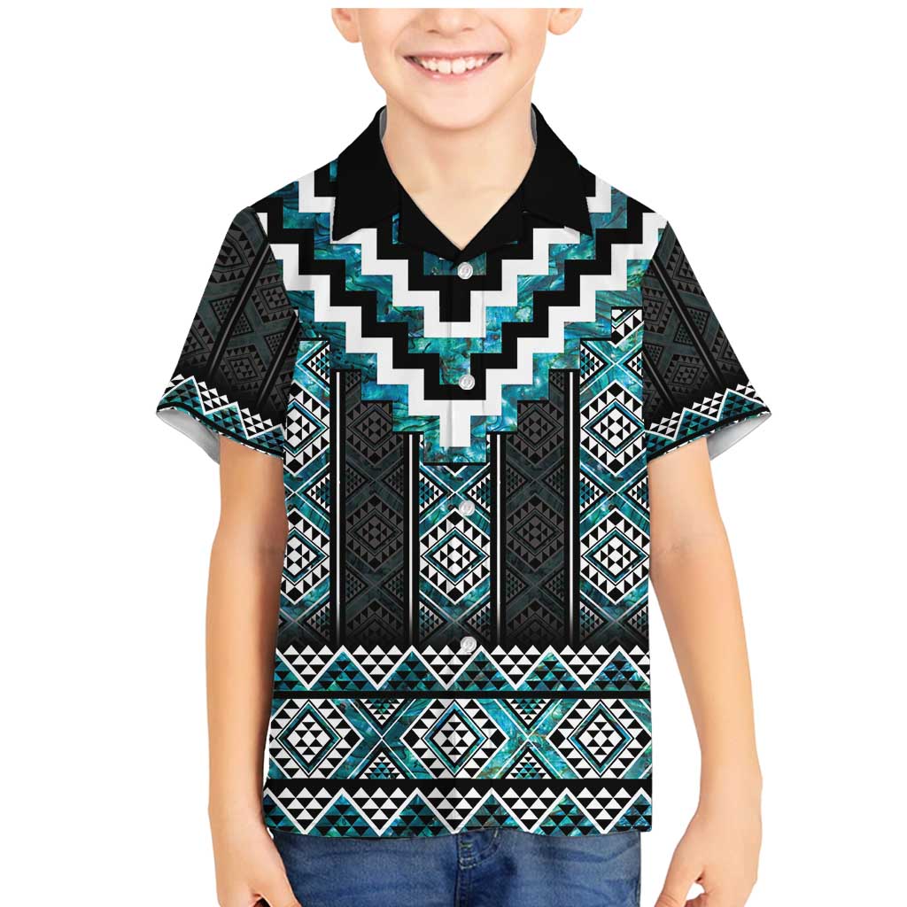 Paua Shell Taniko Pattern Aotearoa Family Matching Mermaid Dress and Hawaiian Shirt Niho Taniwha Mix Poutama LT14 Son's Shirt Turquoise - Polynesian Pride