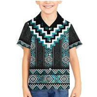 Paua Shell Taniko Pattern Aotearoa Family Matching Mermaid Dress and Hawaiian Shirt Niho Taniwha Mix Poutama LT14 Son's Shirt Turquoise - Polynesian Pride