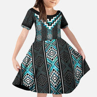 Paua Shell Taniko Pattern Aotearoa Family Matching Off The Shoulder Long Sleeve Dress and Hawaiian Shirt Niho Taniwha Mix Poutama LT14 Daughter's Dress Turquoise - Polynesian Pride