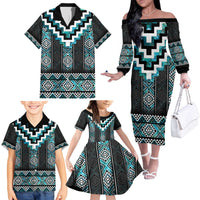 Paua Shell Taniko Pattern Aotearoa Family Matching Off The Shoulder Long Sleeve Dress and Hawaiian Shirt Niho Taniwha Mix Poutama LT14 - Polynesian Pride