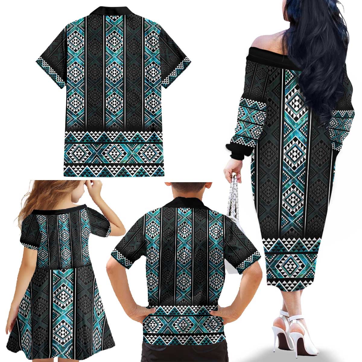 Paua Shell Taniko Pattern Aotearoa Family Matching Off The Shoulder Long Sleeve Dress and Hawaiian Shirt Niho Taniwha Mix Poutama LT14 - Polynesian Pride