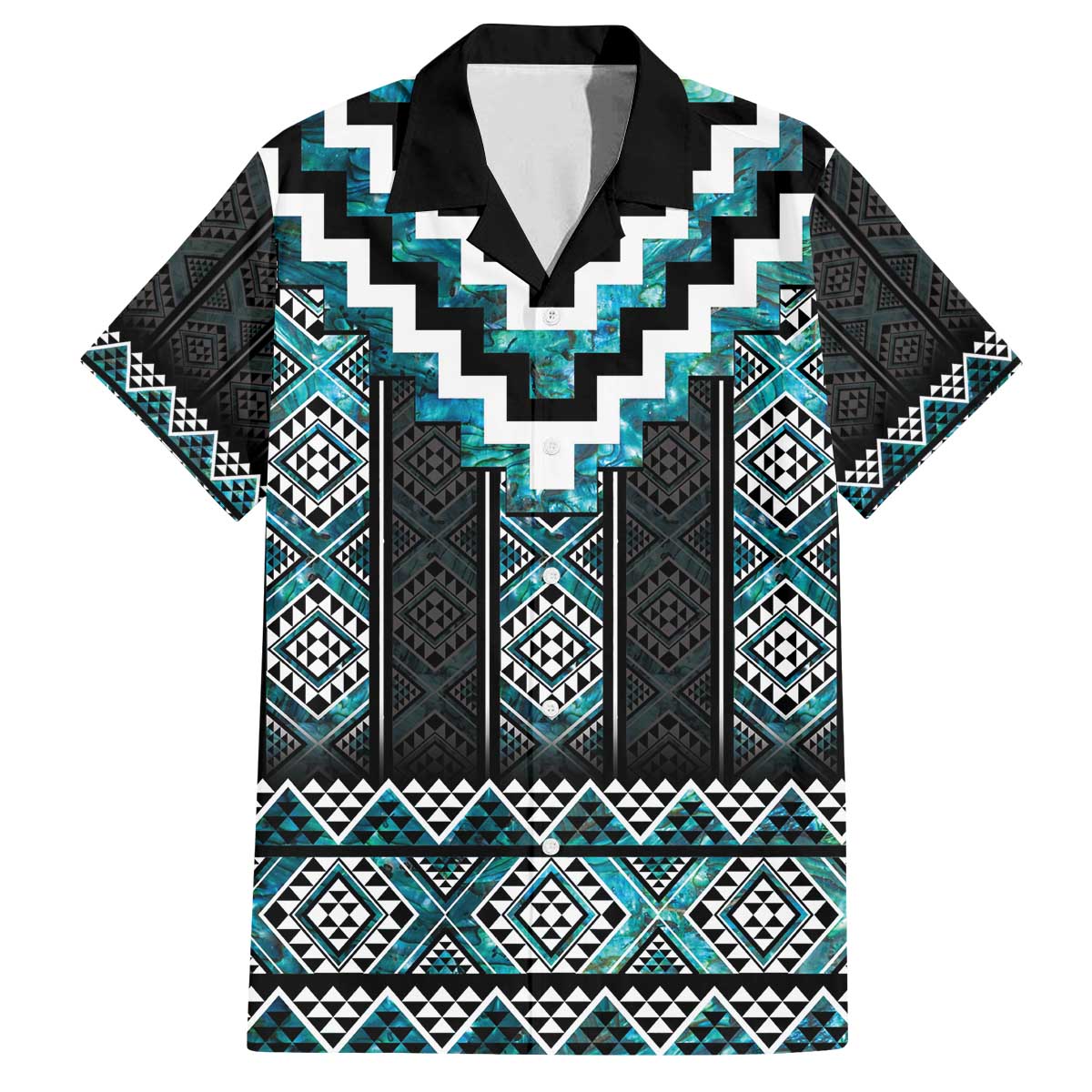 Paua Shell Taniko Pattern Aotearoa Family Matching Off The Shoulder Long Sleeve Dress and Hawaiian Shirt Niho Taniwha Mix Poutama LT14 Dad's Shirt - Short Sleeve Turquoise - Polynesian Pride
