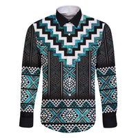 Paua Shell Taniko Pattern Aotearoa Family Matching Off The Shoulder Long Sleeve Dress and Hawaiian Shirt Niho Taniwha Mix Poutama LT14 Dad's Shirt - Long Sleeve Turquoise - Polynesian Pride