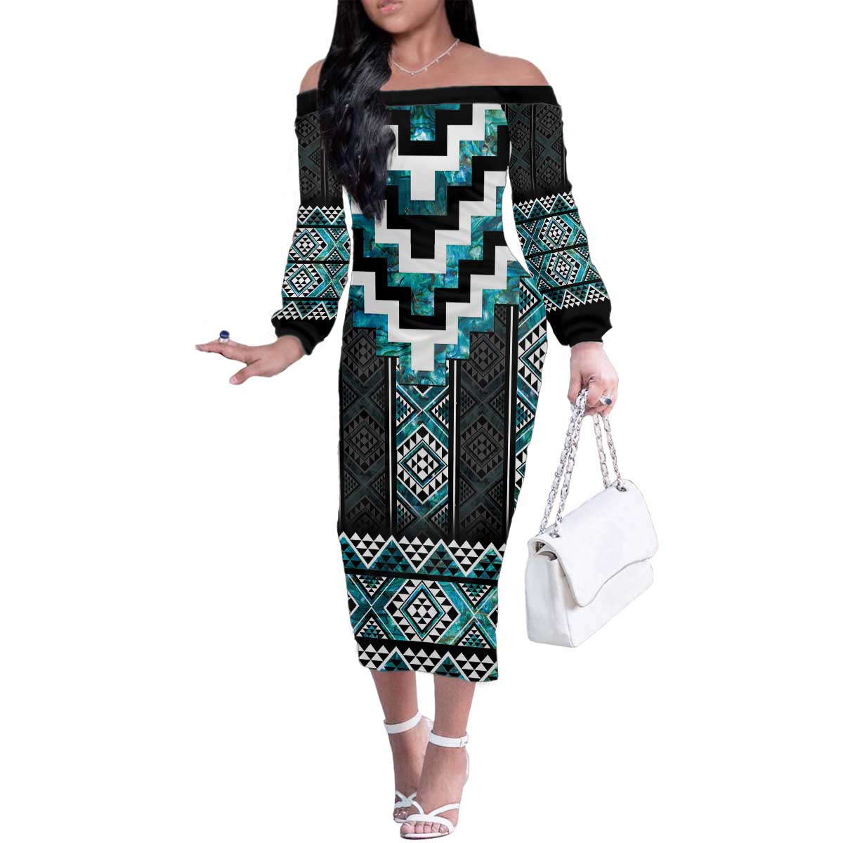Paua Shell Taniko Pattern Aotearoa Family Matching Off The Shoulder Long Sleeve Dress and Hawaiian Shirt Niho Taniwha Mix Poutama LT14 Mom's Dress Turquoise - Polynesian Pride