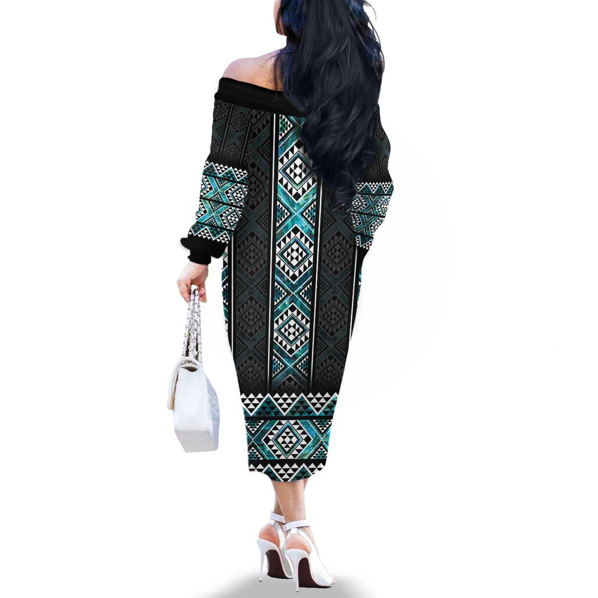 Paua Shell Taniko Pattern Aotearoa Family Matching Off The Shoulder Long Sleeve Dress and Hawaiian Shirt Niho Taniwha Mix Poutama LT14 - Polynesian Pride
