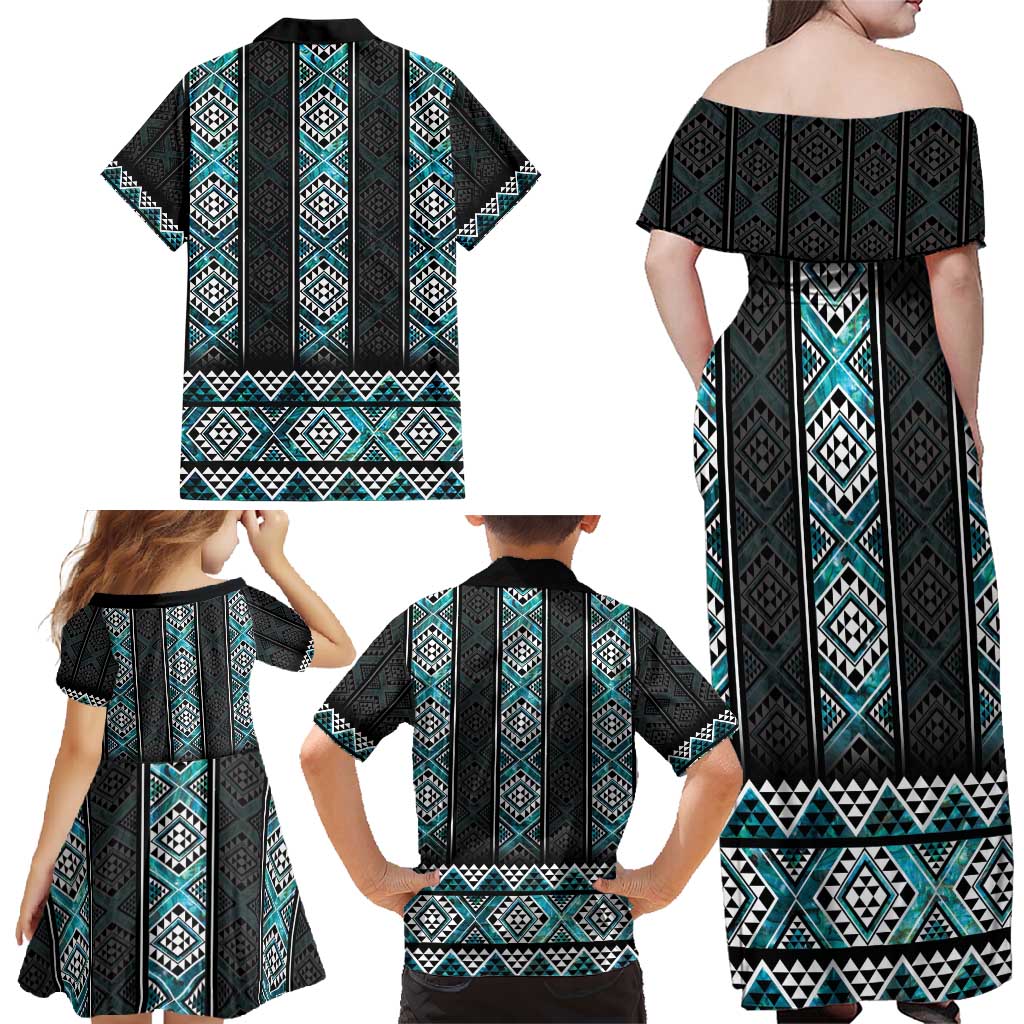 Paua Shell Taniko Pattern Aotearoa Family Matching Off Shoulder Maxi Dress and Hawaiian Shirt Niho Taniwha Mix Poutama LT14 - Polynesian Pride