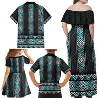 Paua Shell Taniko Pattern Aotearoa Family Matching Off Shoulder Maxi Dress and Hawaiian Shirt Niho Taniwha Mix Poutama LT14 - Polynesian Pride