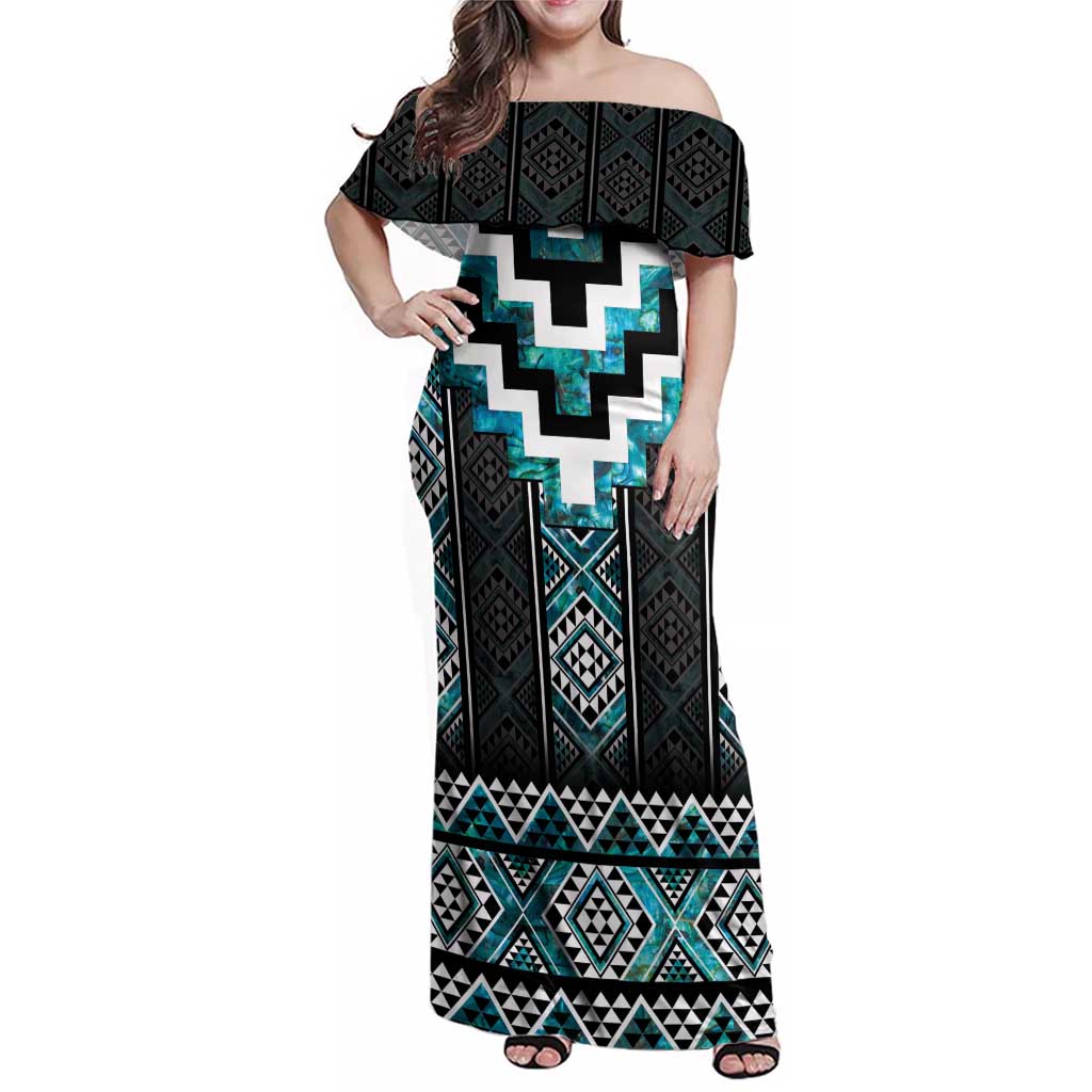 Paua Shell Taniko Pattern Aotearoa Family Matching Off Shoulder Maxi Dress and Hawaiian Shirt Niho Taniwha Mix Poutama LT14 Mom's Dress Turquoise - Polynesian Pride