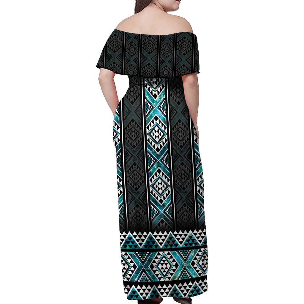 Paua Shell Taniko Pattern Aotearoa Family Matching Off Shoulder Maxi Dress and Hawaiian Shirt Niho Taniwha Mix Poutama LT14 - Polynesian Pride