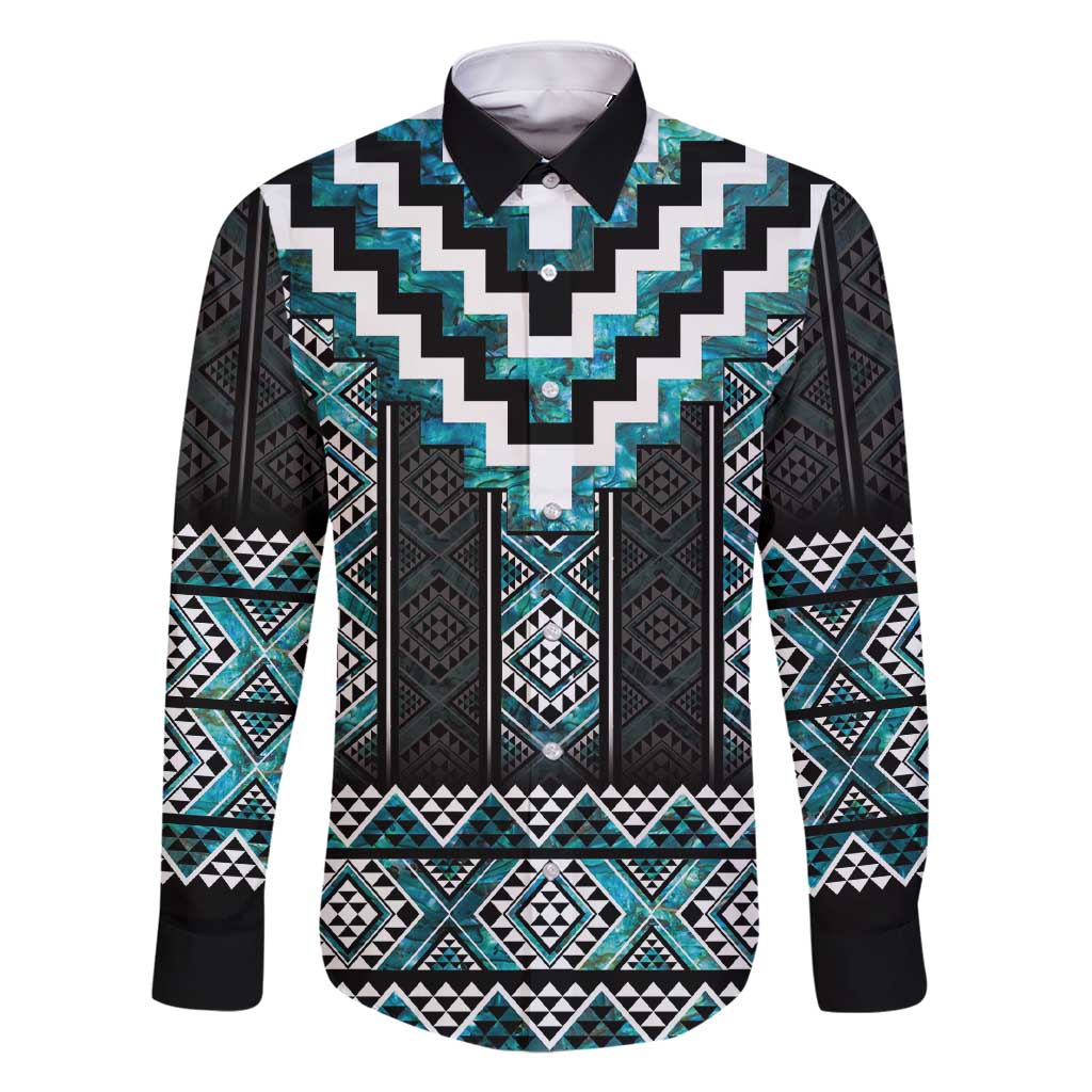 Paua Shell Taniko Pattern Aotearoa Family Matching Short Sleeve Bodycon Dress and Hawaiian Shirt Niho Taniwha Mix Poutama LT14 Dad's Shirt - Long Sleeve Turquoise - Polynesian Pride