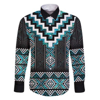 Paua Shell Taniko Pattern Aotearoa Family Matching Short Sleeve Bodycon Dress and Hawaiian Shirt Niho Taniwha Mix Poutama LT14 Dad's Shirt - Long Sleeve Turquoise - Polynesian Pride
