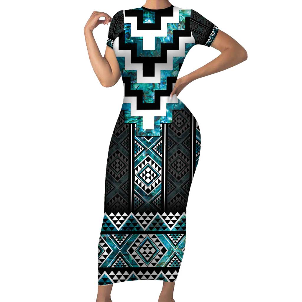 Paua Shell Taniko Pattern Aotearoa Family Matching Short Sleeve Bodycon Dress and Hawaiian Shirt Niho Taniwha Mix Poutama LT14 Mom's Dress Turquoise - Polynesian Pride